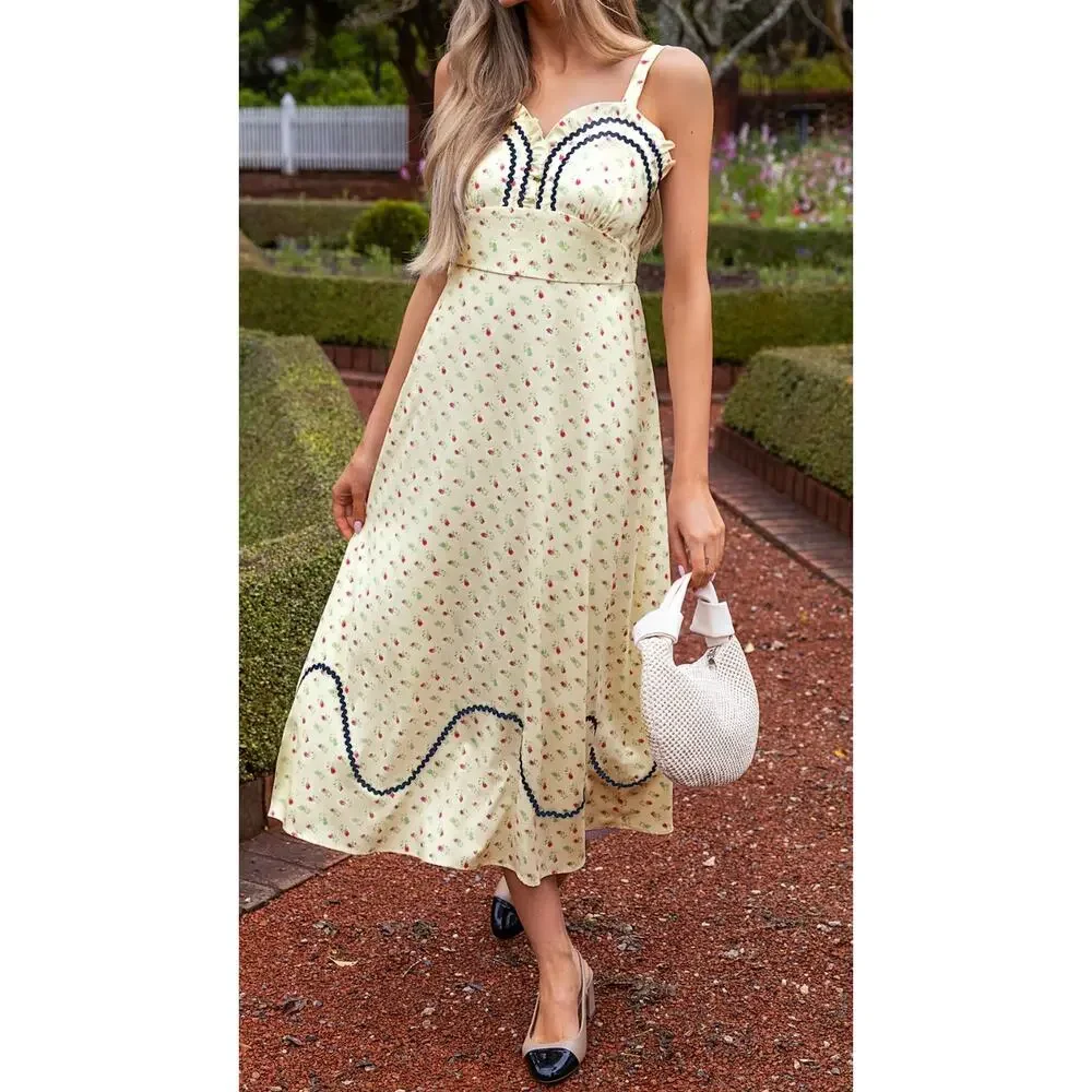 Cupshe Floral Sweetheart Midi Dress Cottagecore XL NWT - Picture 1 of 8